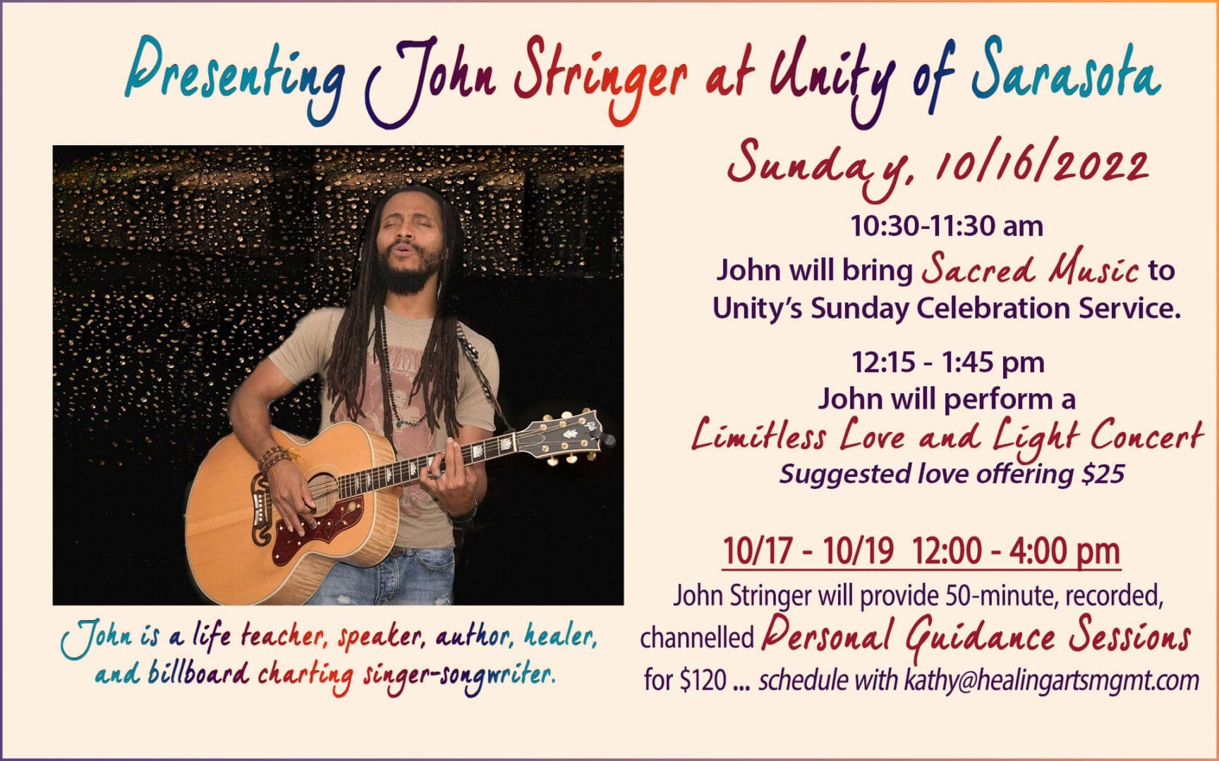 John Stringer will bring Sacred Music to Unity’s Sunday Celebration Service.