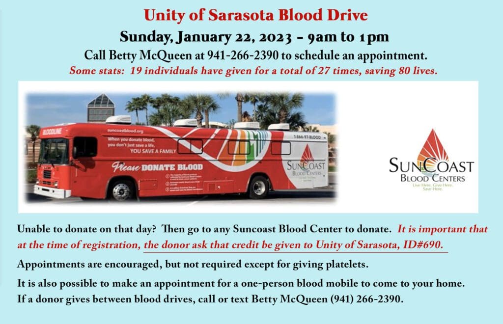 Blood Drives January 22,2023 at Unity of Sarasota