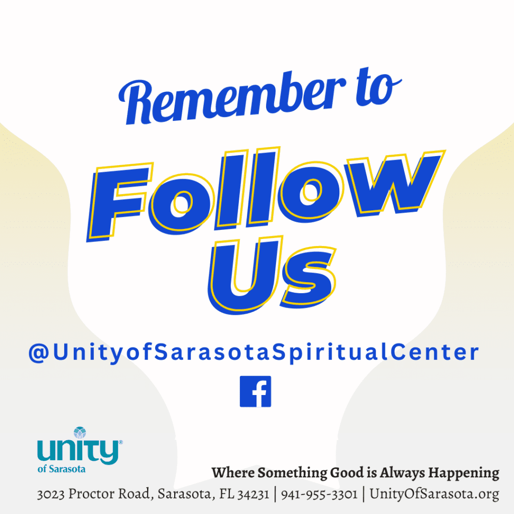 Promotional graphic encouraging following Unity of Sarasota Spiritual Center on social media.