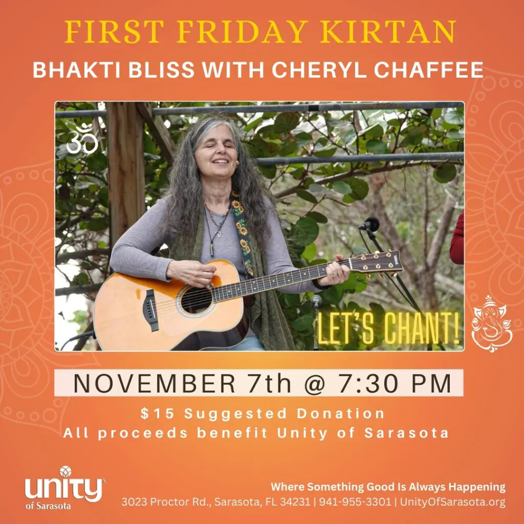 Promotional flyer for First Friday Kirtan with Cheryl Chaffee at Unity Berkeley.