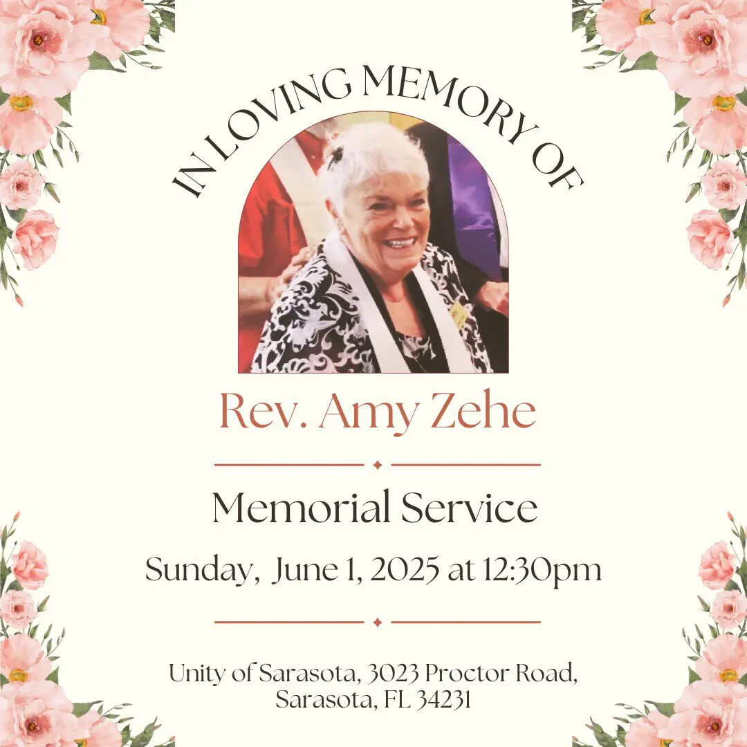 Memorial service announcement for Rev. Amy Zehe with floral border.
