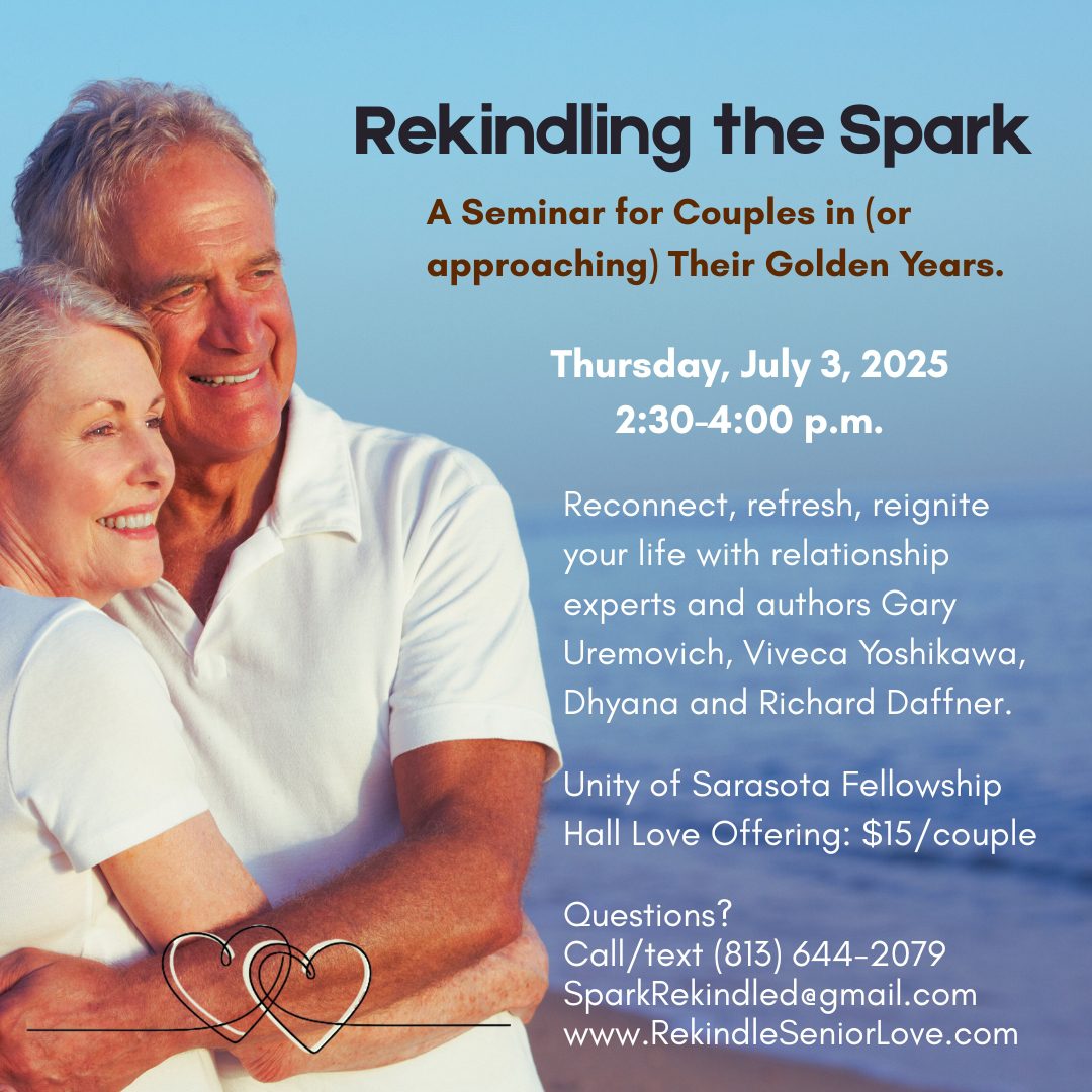 Older couple smiling, promoting a seminar on rekindling love in later years.