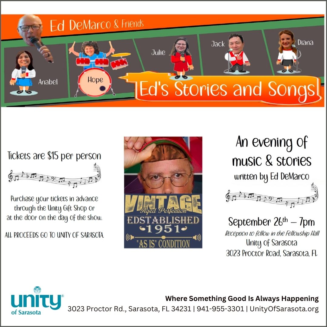Flyer for Ted's Stories and Songs event at Unity Hastings on September 29.
