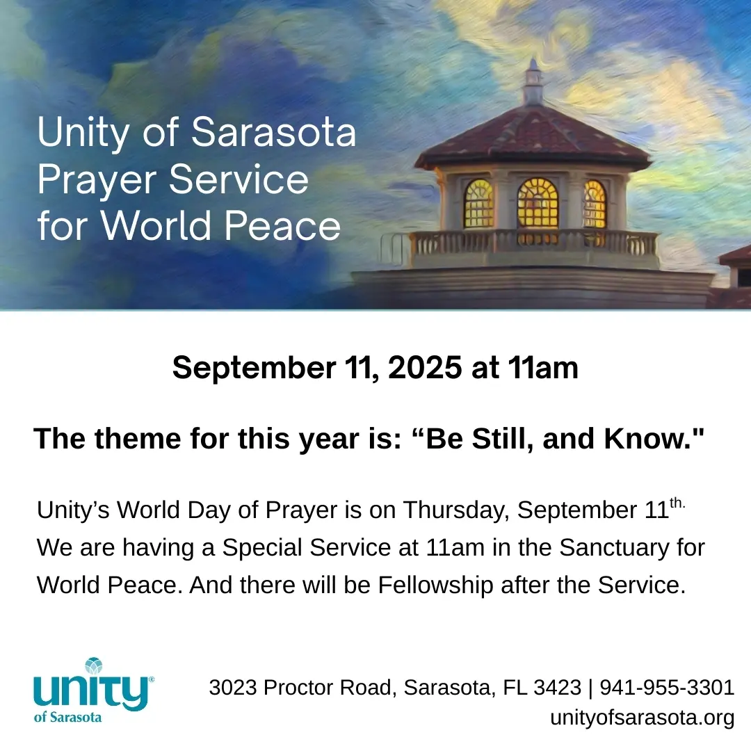 Announcement for a Unity of Sarasota prayer service on September 11, 2025.