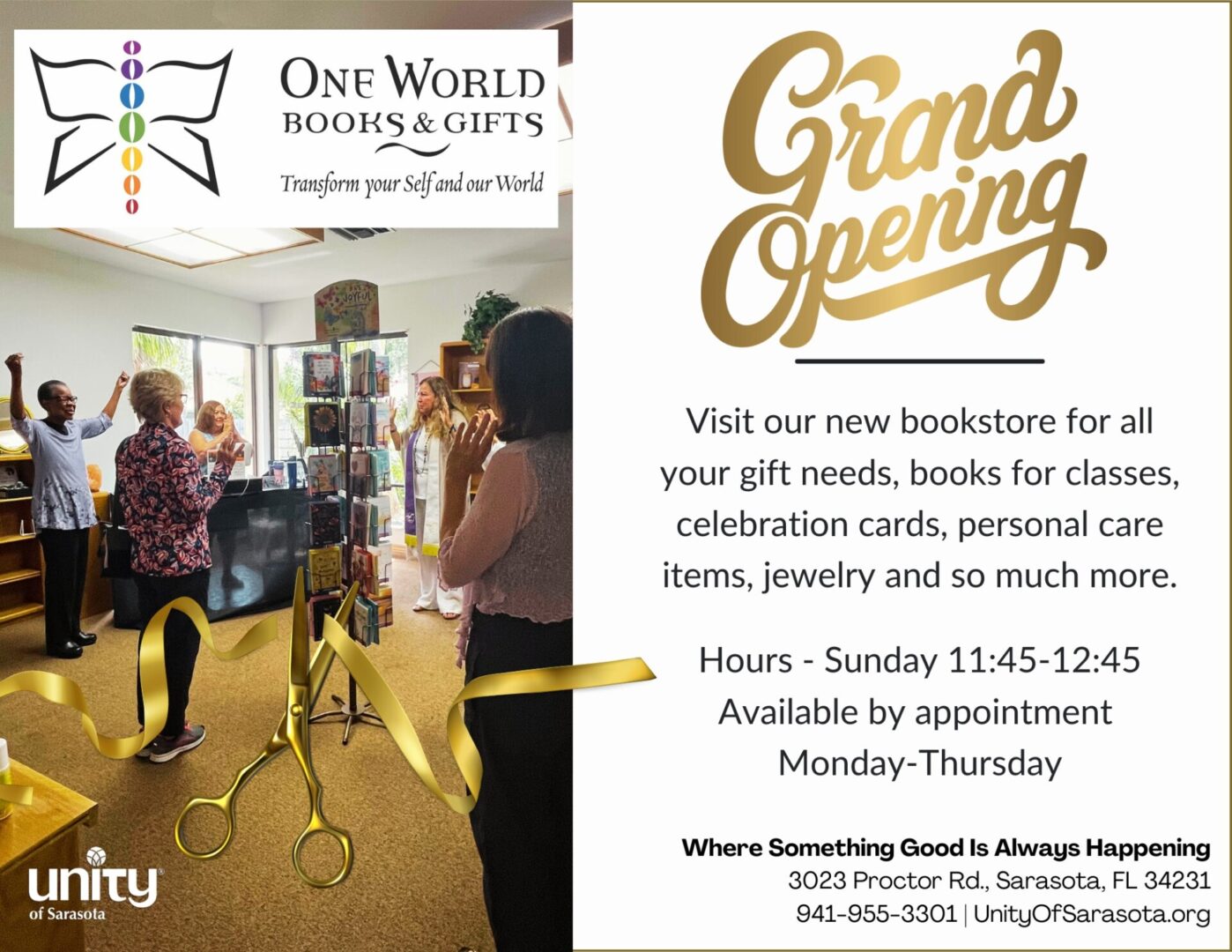 Grand opening of One World Books & Gifts with happy visitors and informative signage.