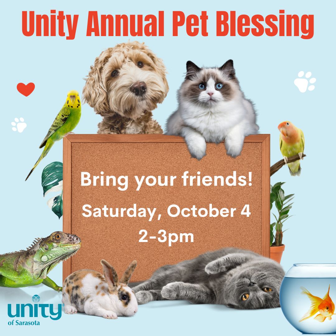 Flyer for Unity's Annual Pet Blessing event with various pets and event details.
