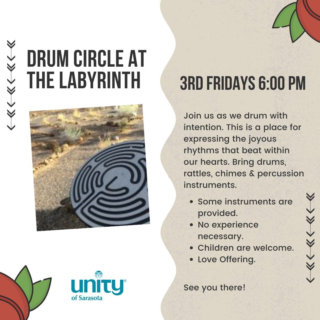 Drum circle event announcement with labyrinth image.
